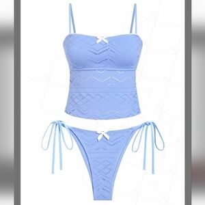 NWT Seamolly Lace Jacquard Picot Trim Bowknot Decor Tie Side Tankini Cheeky - S